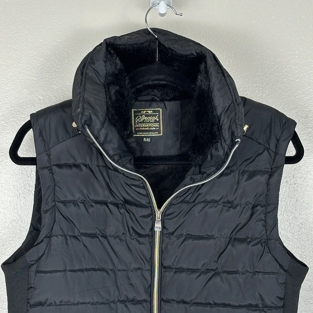 Special‎ One Womens XL Black Quilted Vest Jacket Faux Fur Full Zip Lined